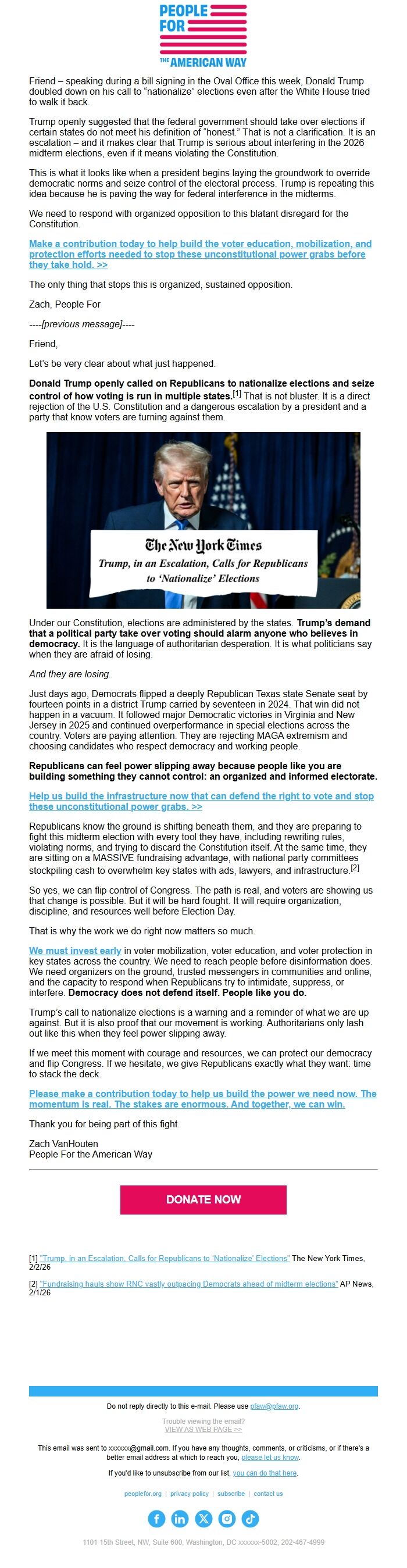 Screenshot of the email generated on import