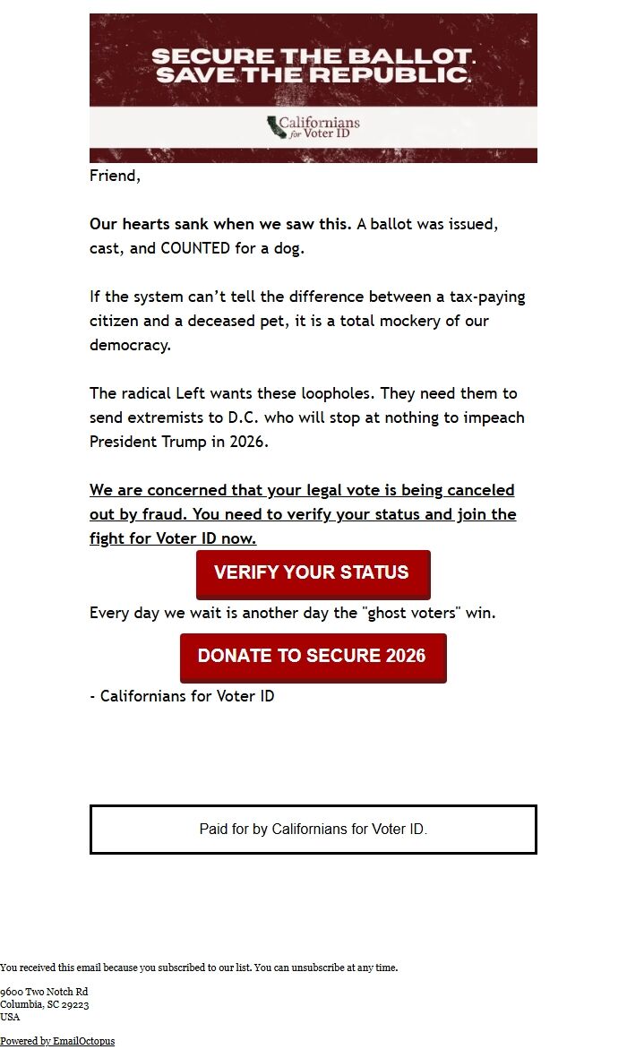 Screenshot of the email generated on import