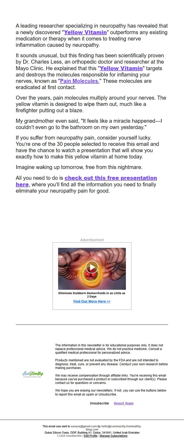 Screenshot of the email generated on import