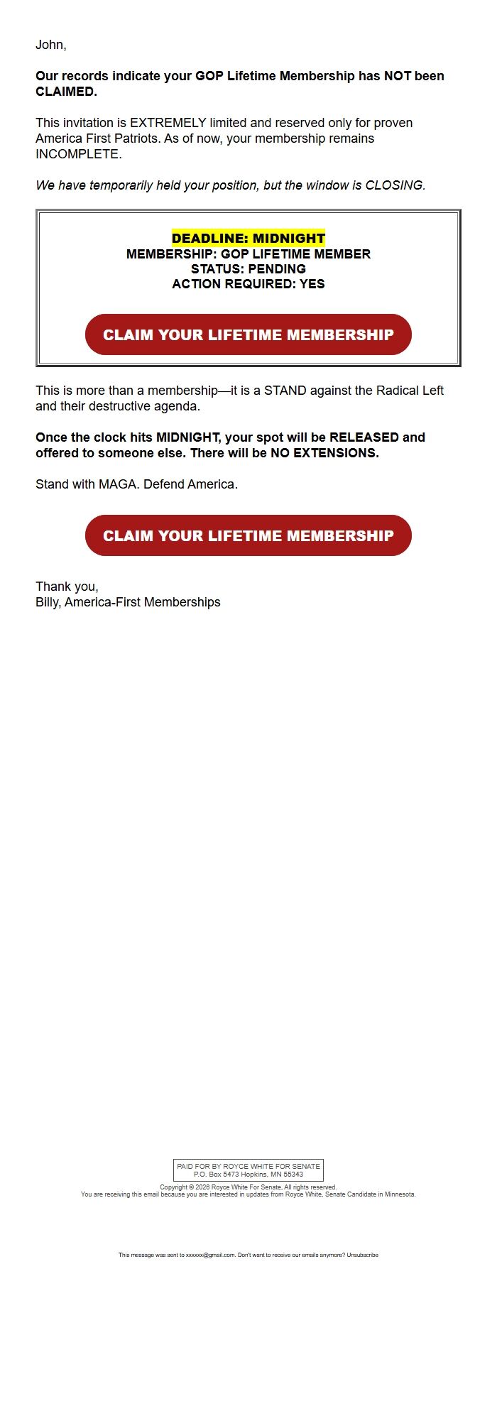 Screenshot of the email generated on import