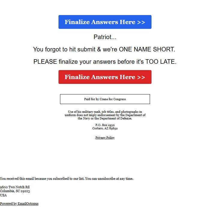 Screenshot of the email generated on import