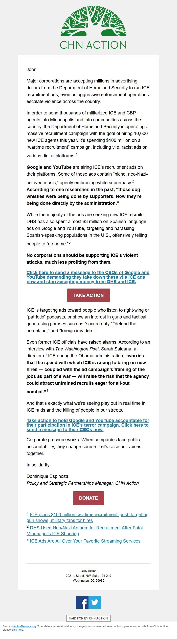 Screenshot of the email generated on import