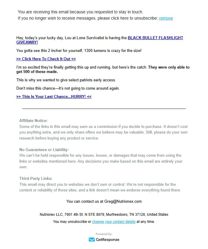 Screenshot of the email generated on import