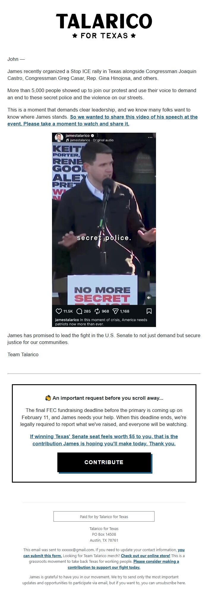 Screenshot of the email generated on import