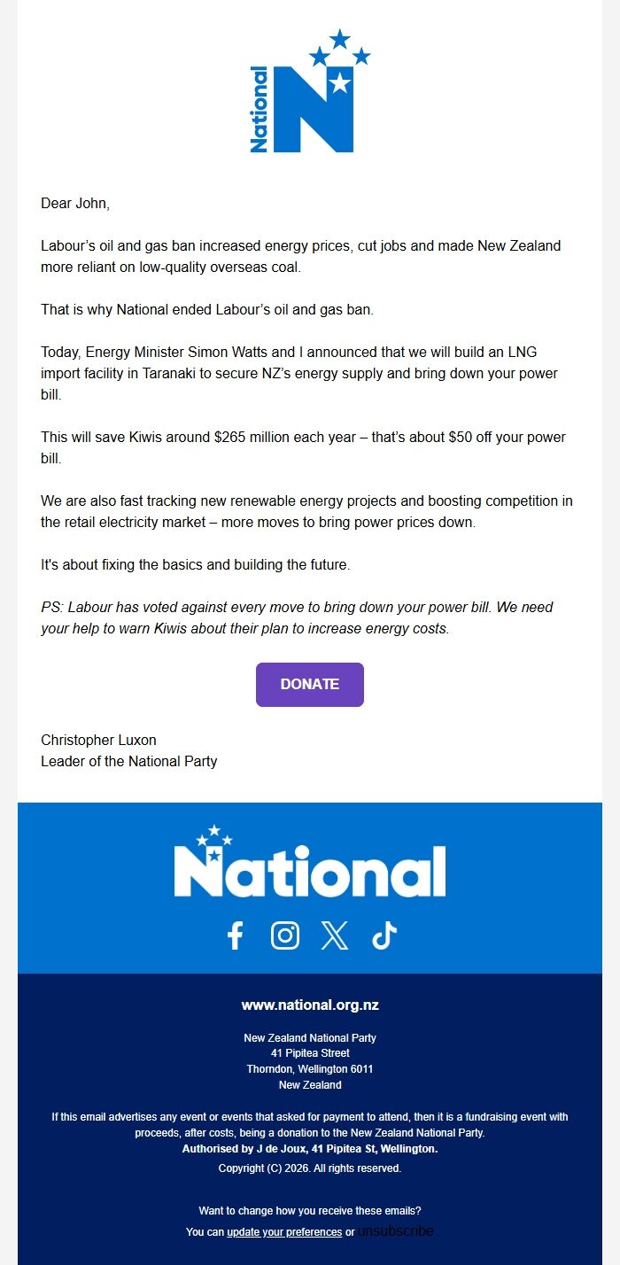 Screenshot of the email generated on import