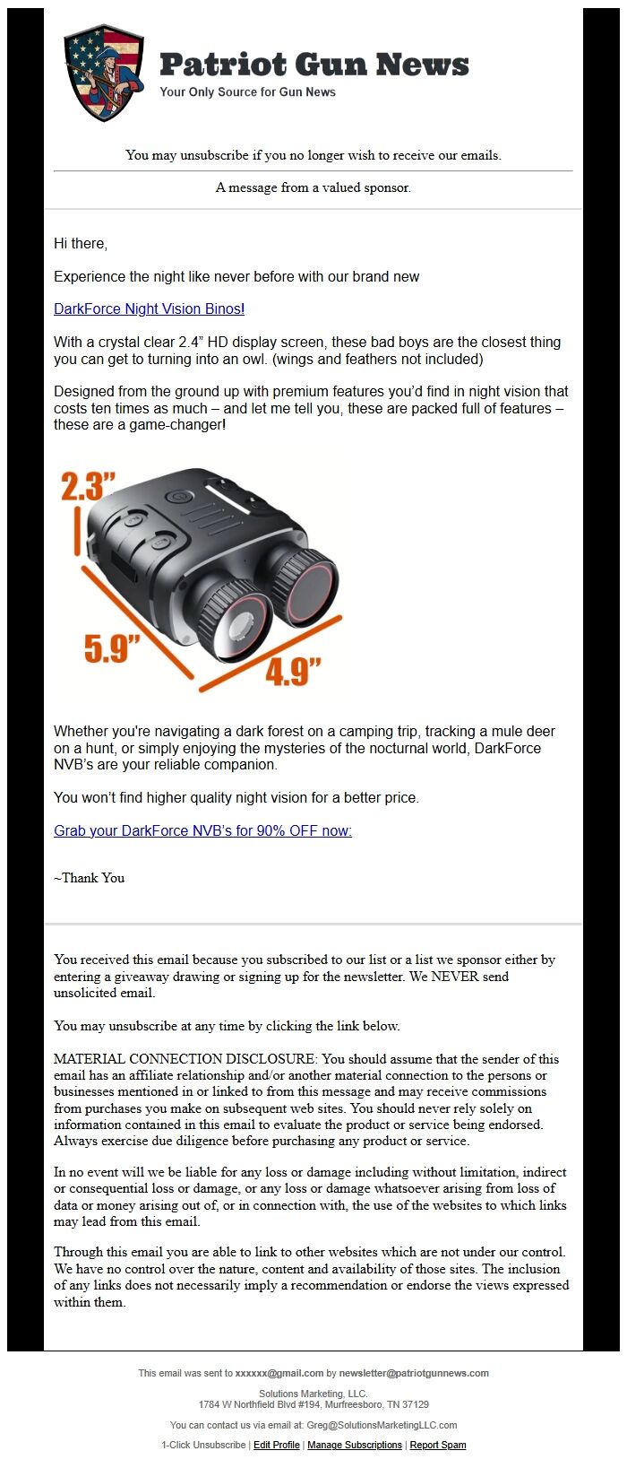 Screenshot of the email generated on import