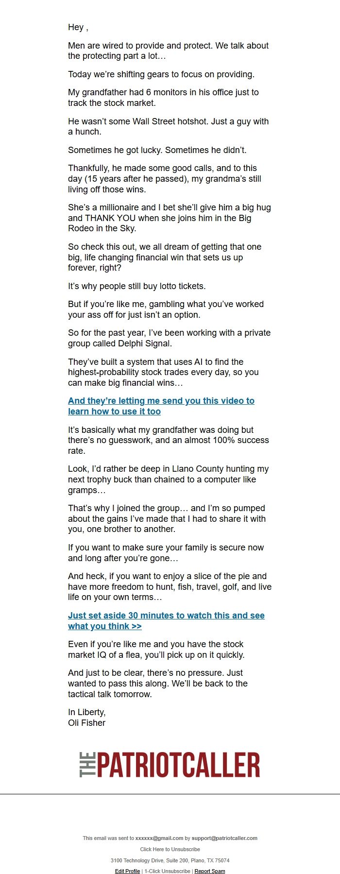 Screenshot of the email generated on import