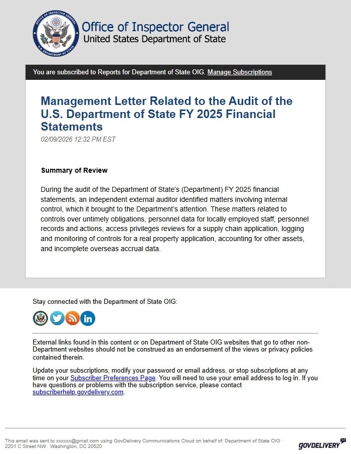 Screenshot of the email generated on import