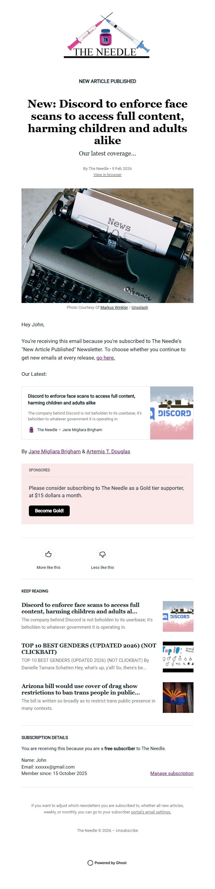 Screenshot of the email generated on import