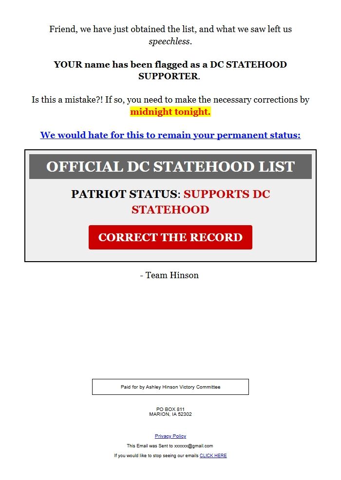 Screenshot of the email generated on import