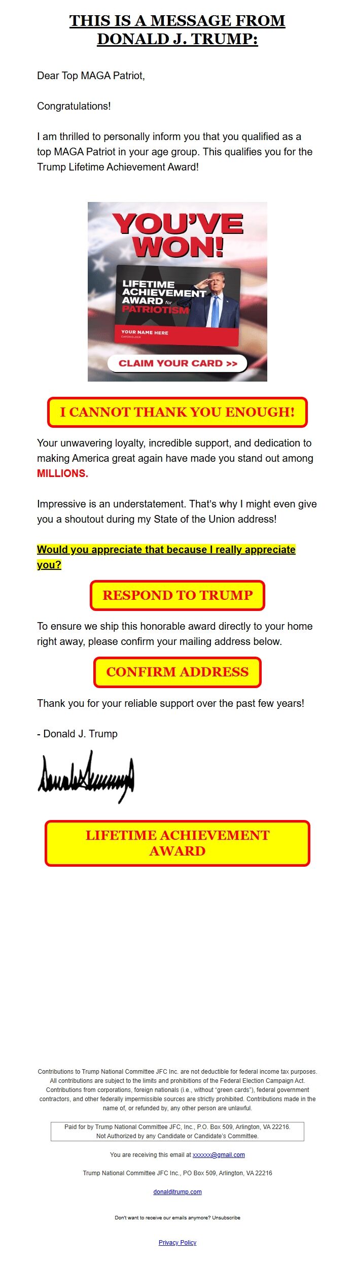 Screenshot of the email generated on import