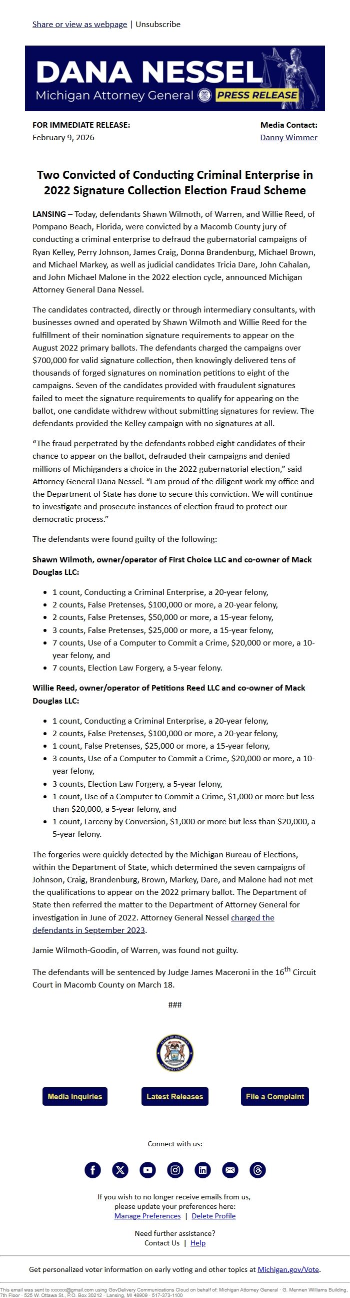 Screenshot of the email generated on import