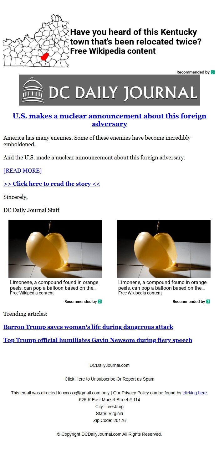 Screenshot of the email generated on import