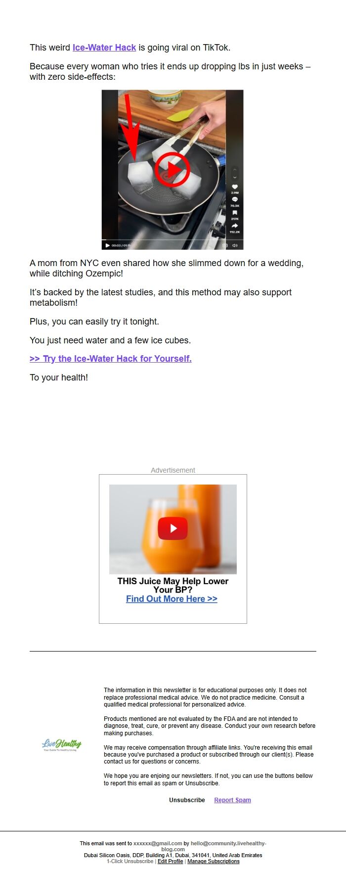 Screenshot of the email generated on import