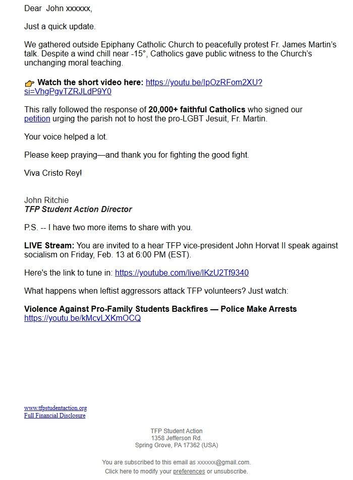 Screenshot of the email generated on import