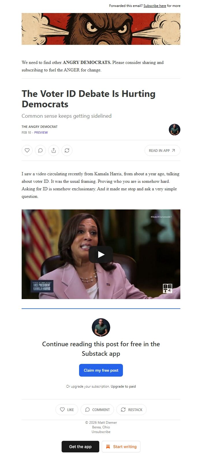 Screenshot of the email generated on import