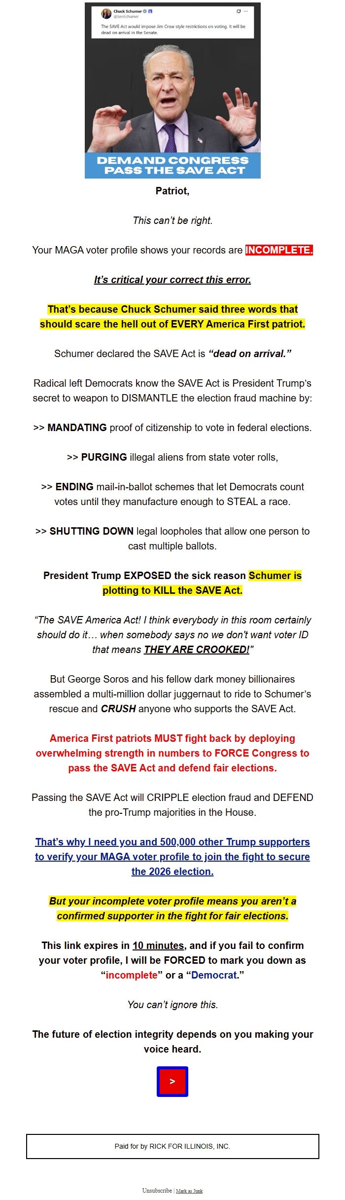 Screenshot of the email generated on import