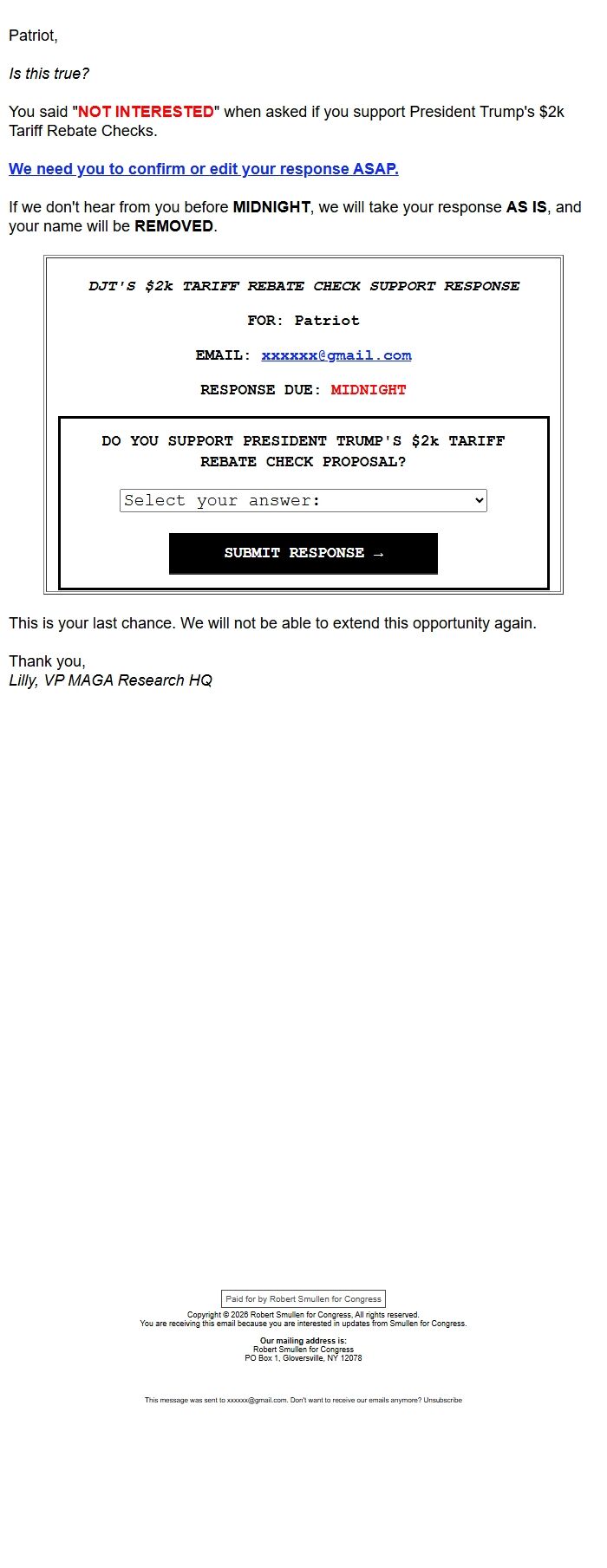 Screenshot of the email generated on import