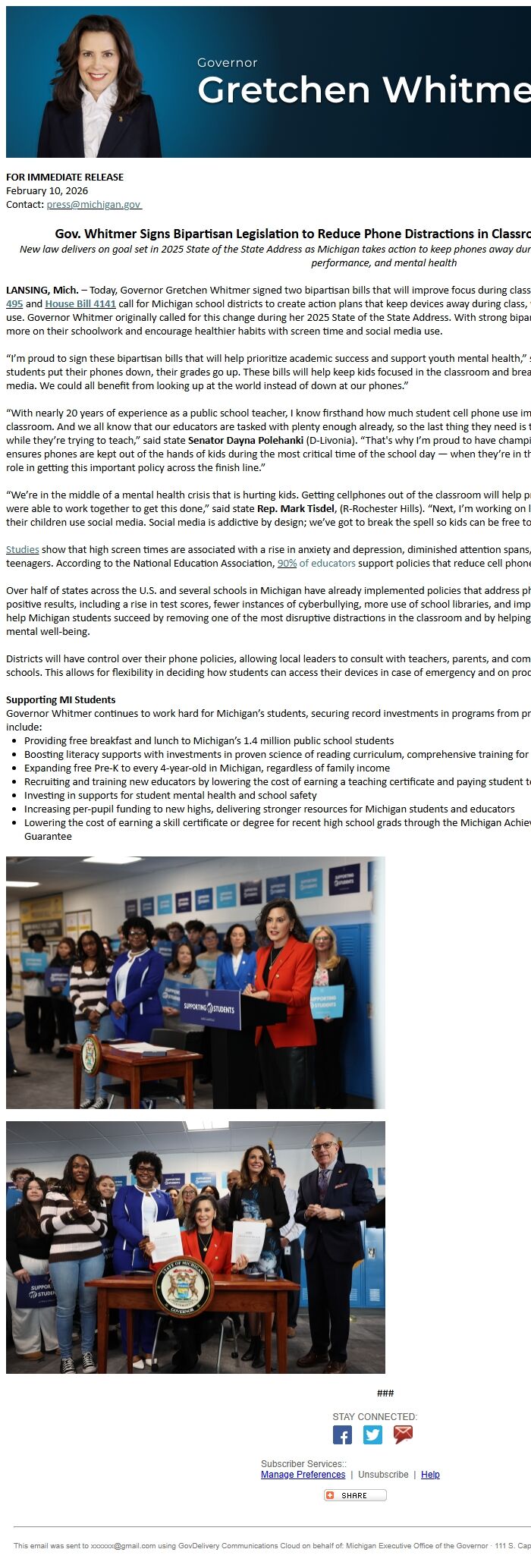 Screenshot of the email generated on import