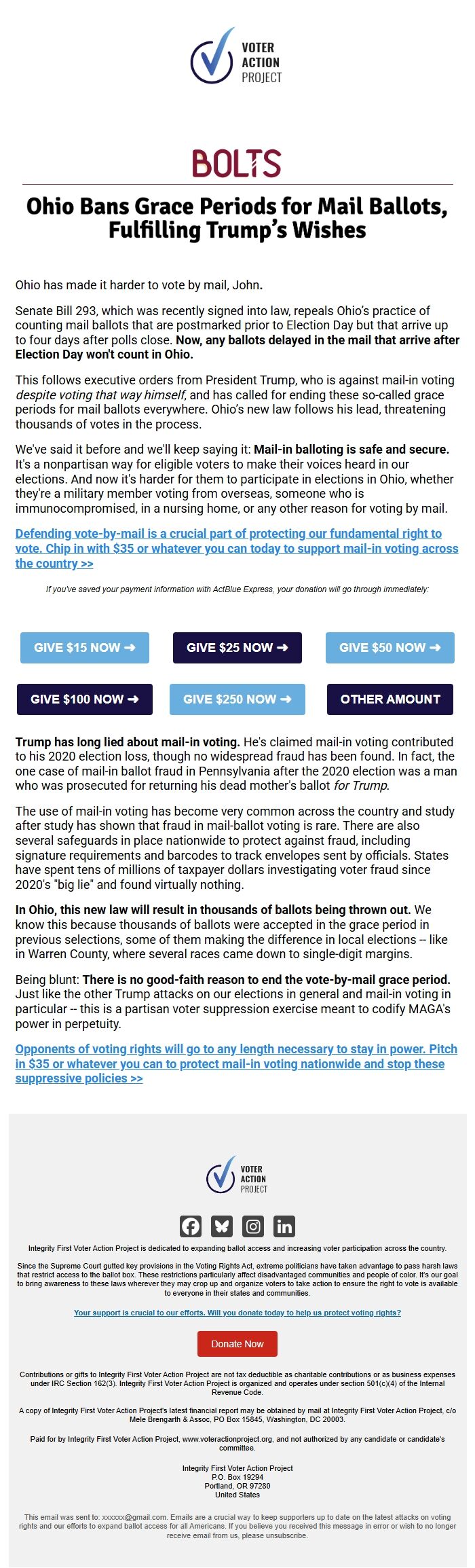 Screenshot of the email generated on import