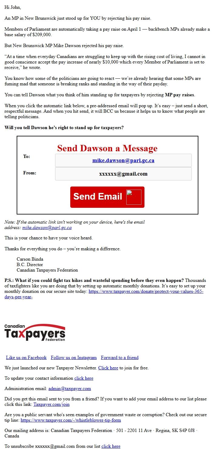Screenshot of the email generated on import