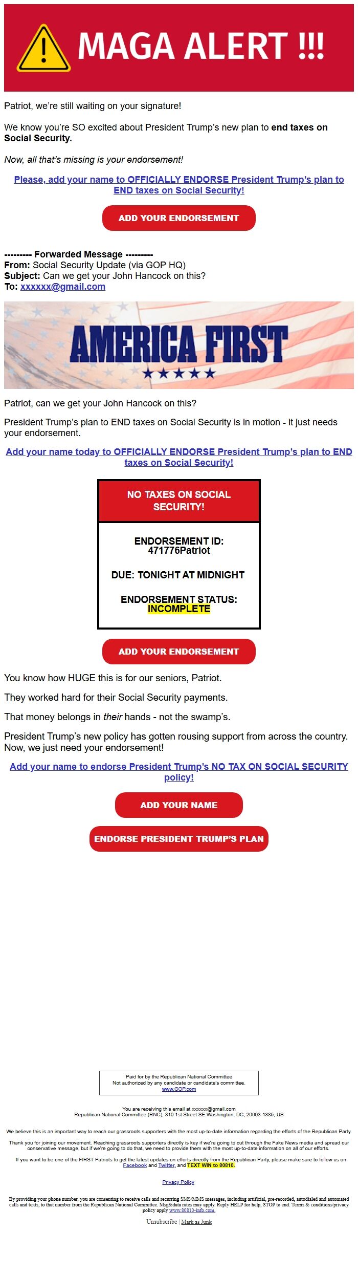 Screenshot of the email generated on import