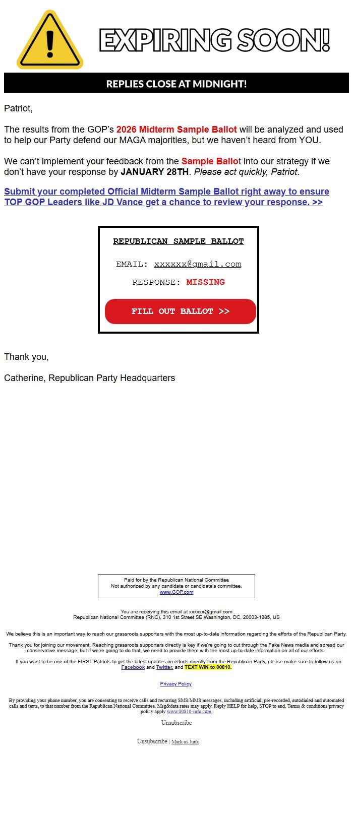 Screenshot of the email generated on import