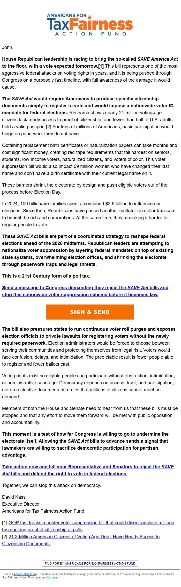 Screenshot of the email generated on import