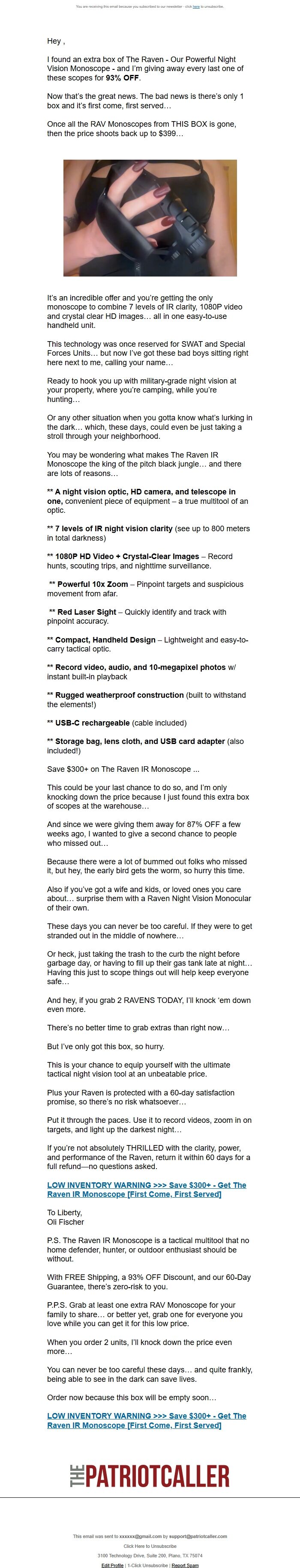 Screenshot of the email generated on import