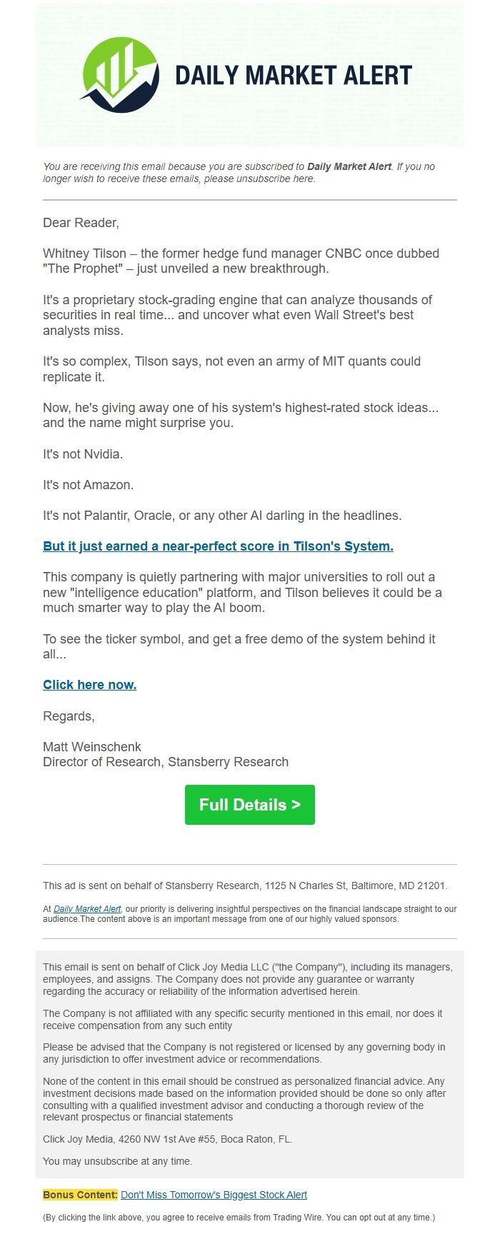 Screenshot of the email generated on import