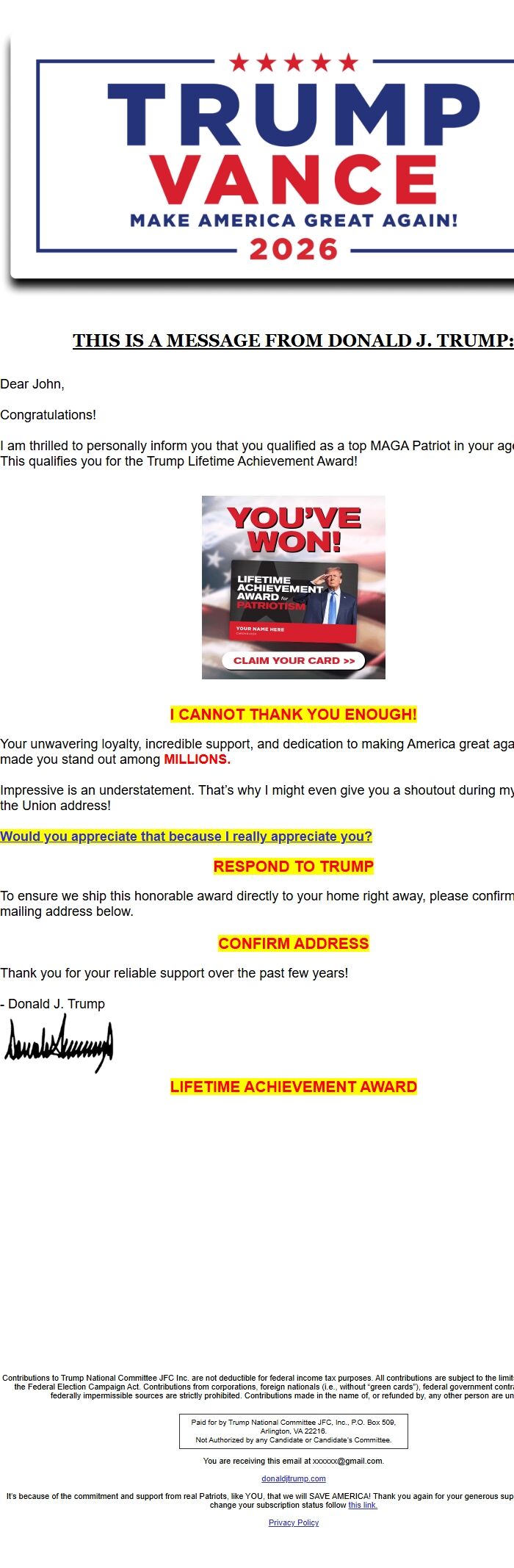 Screenshot of the email generated on import