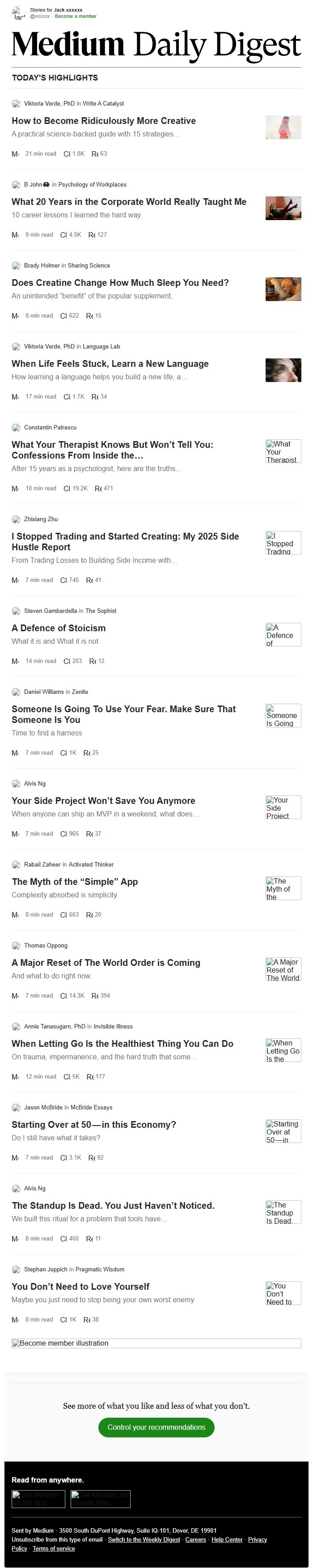 Screenshot of the email generated on import