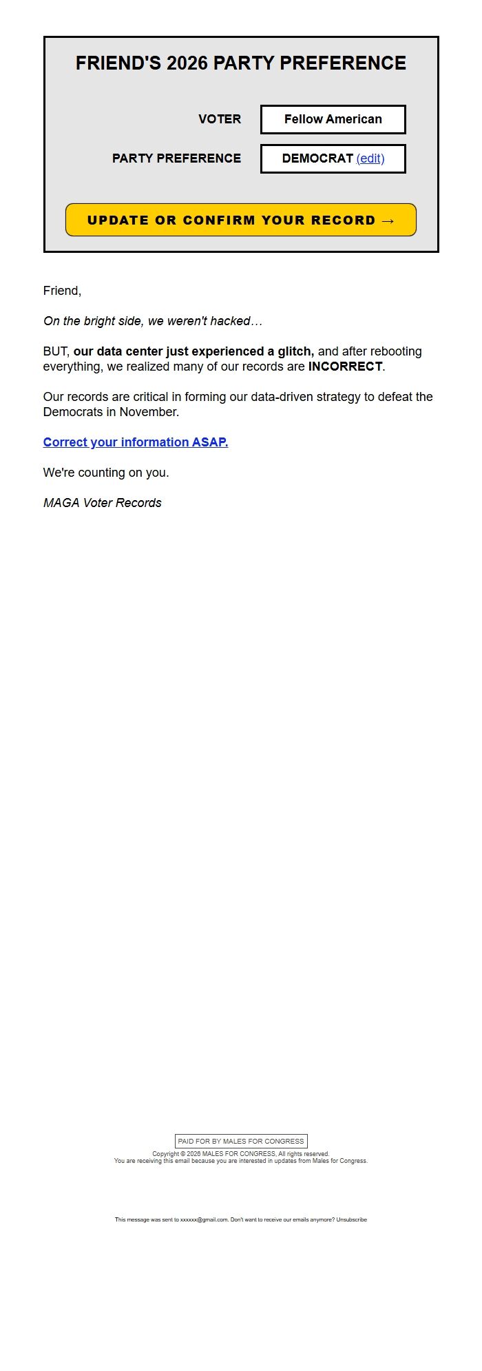 Screenshot of the email generated on import