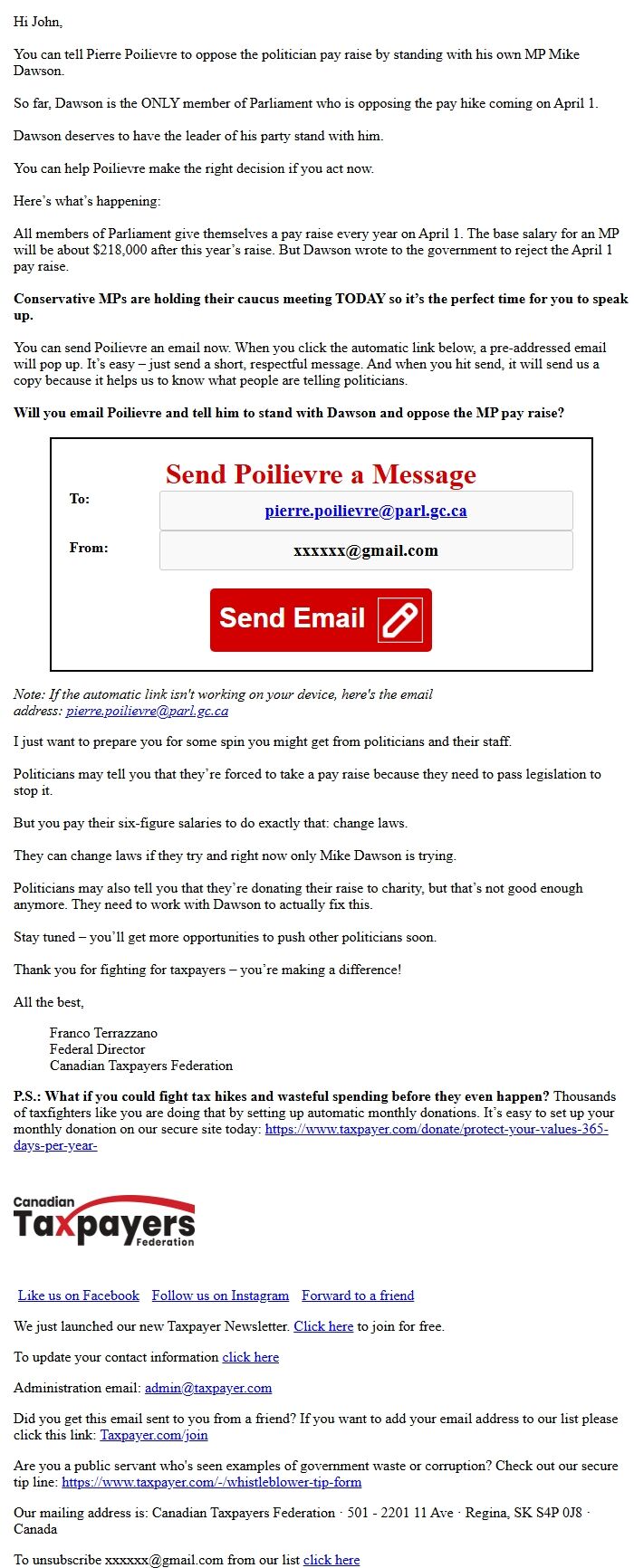 Screenshot of the email generated on import