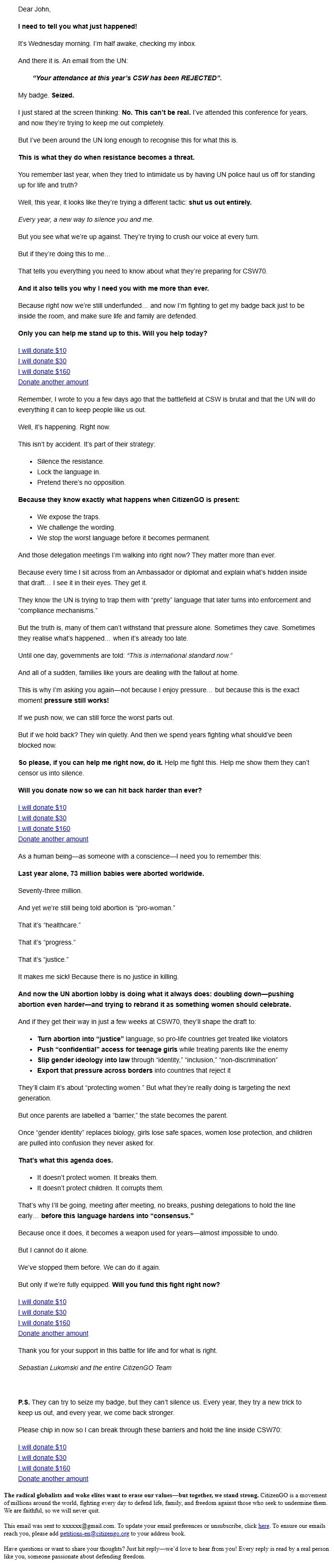 Screenshot of the email generated on import