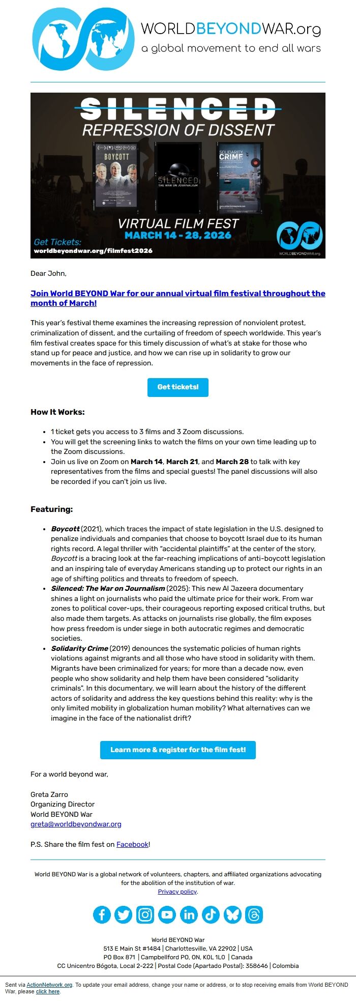 Screenshot of the email generated on import