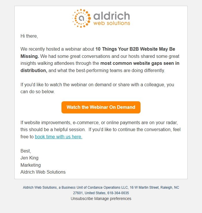 Screenshot of the email generated on import