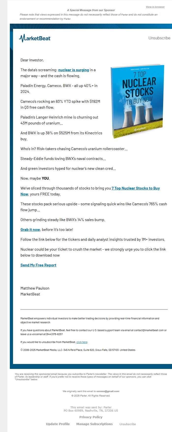 Screenshot of the email generated on import