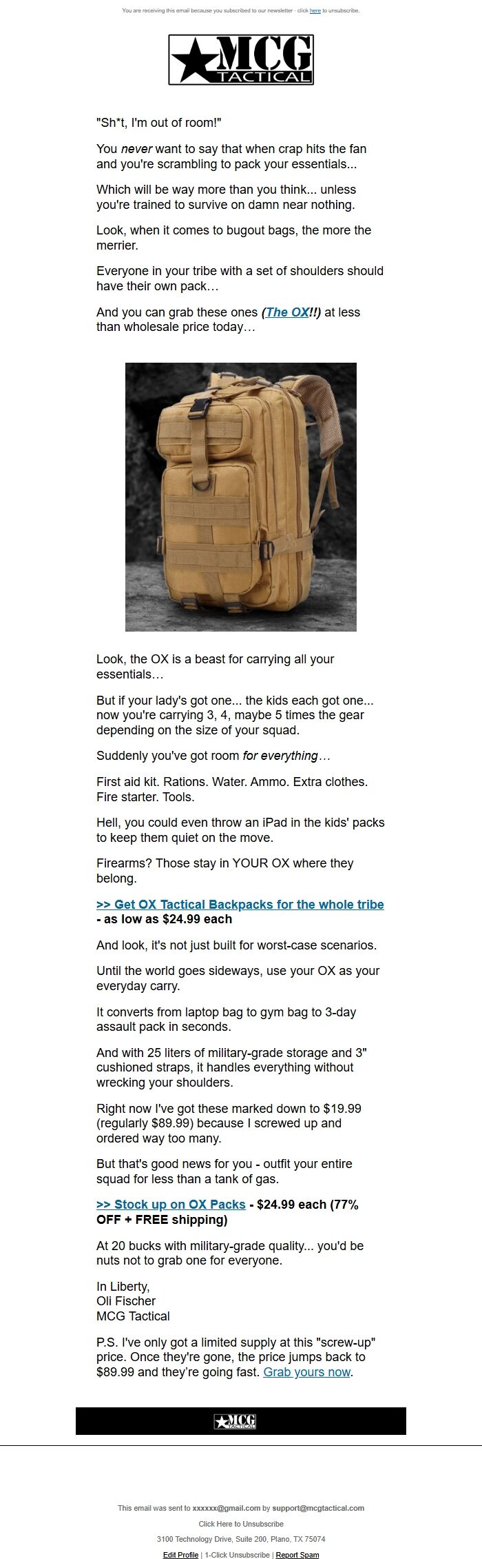 Screenshot of the email generated on import