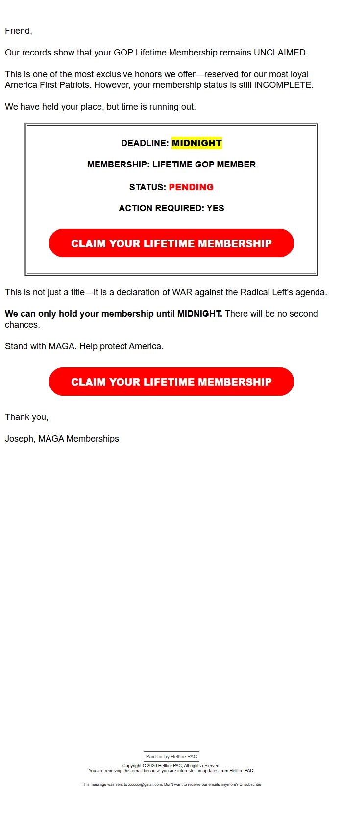 Screenshot of the email generated on import