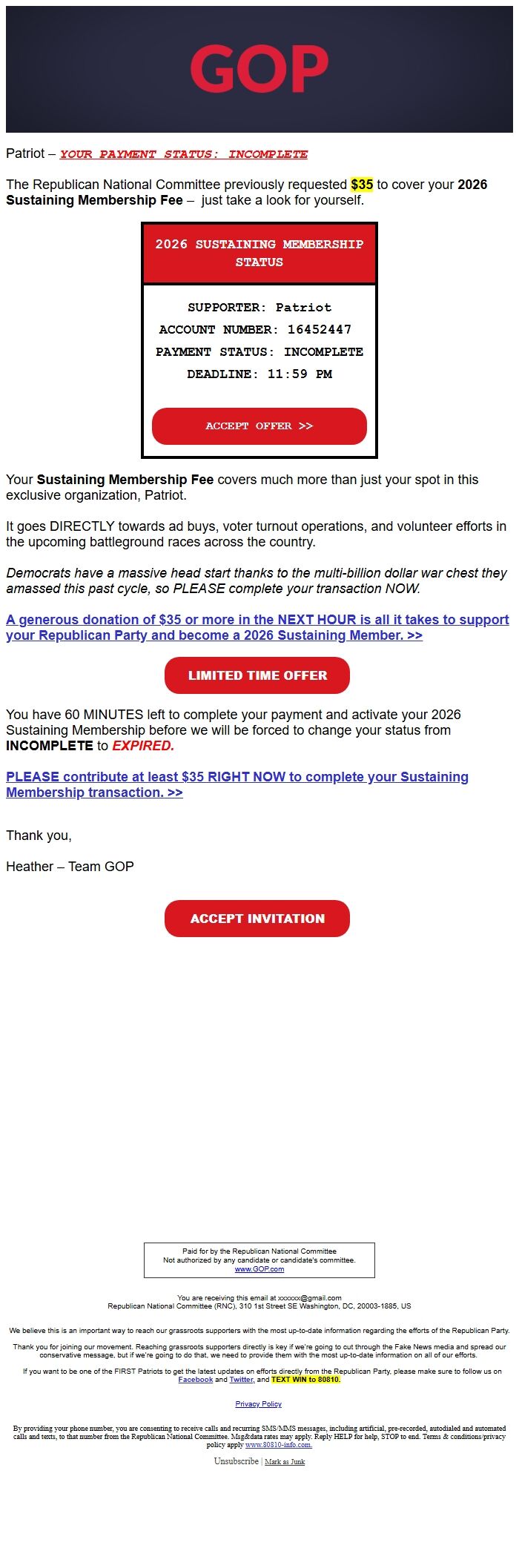 Screenshot of the email generated on import