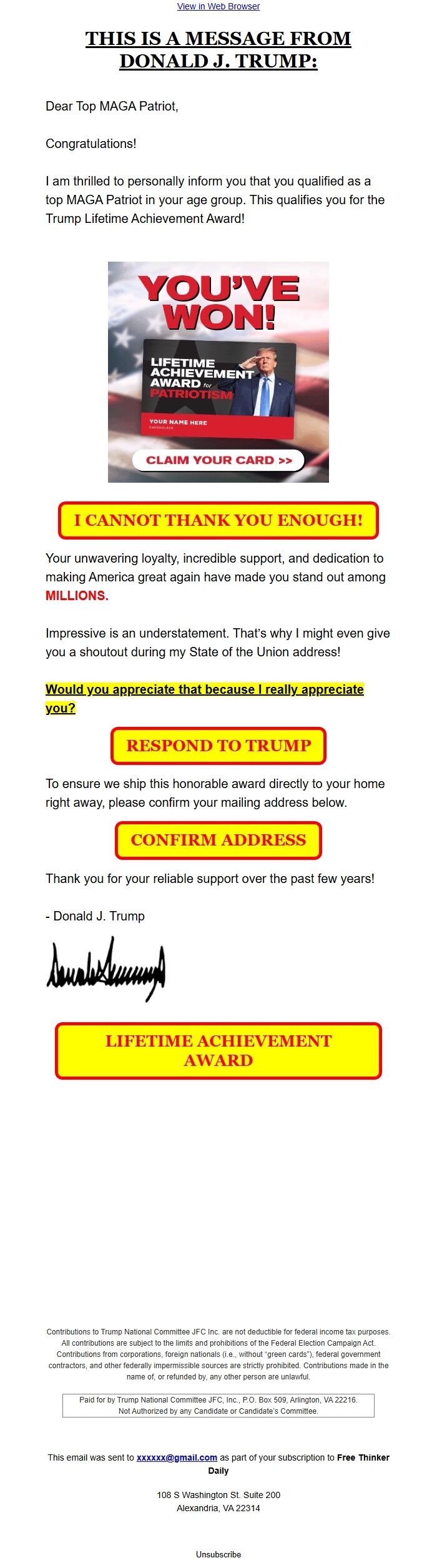 Screenshot of the email generated on import