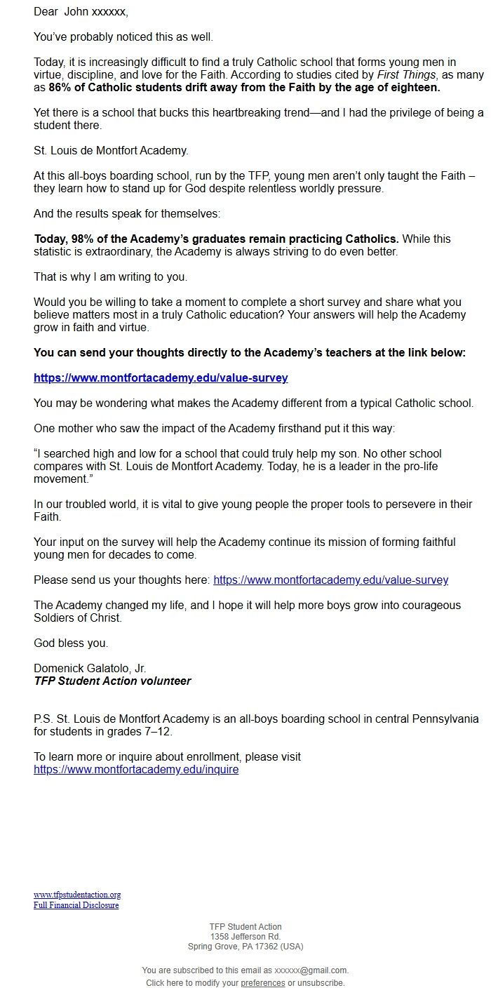 Screenshot of the email generated on import