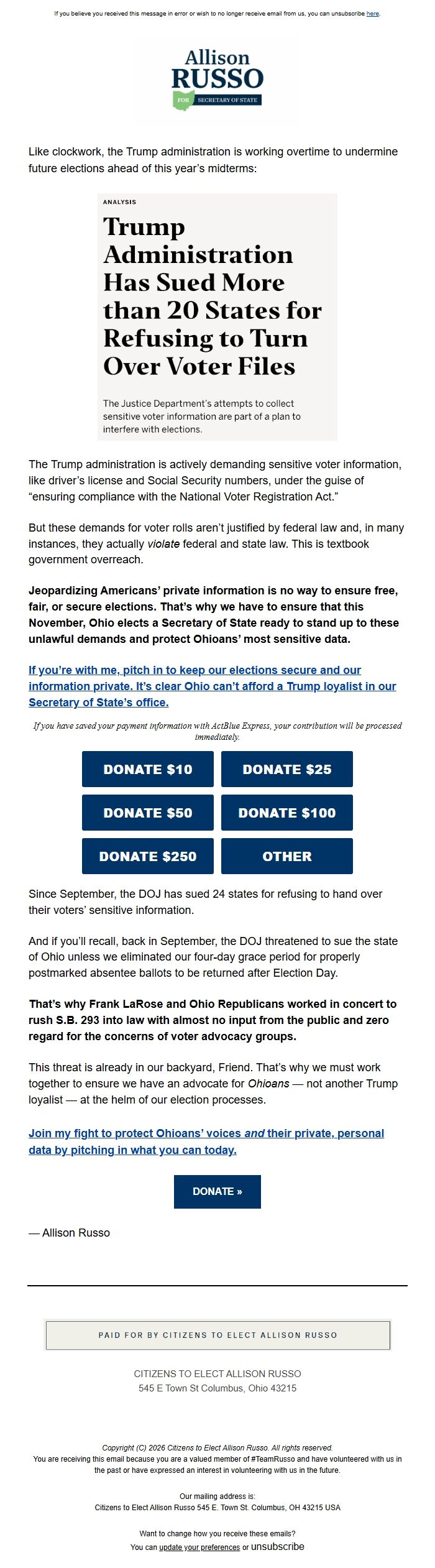 Screenshot of the email generated on import