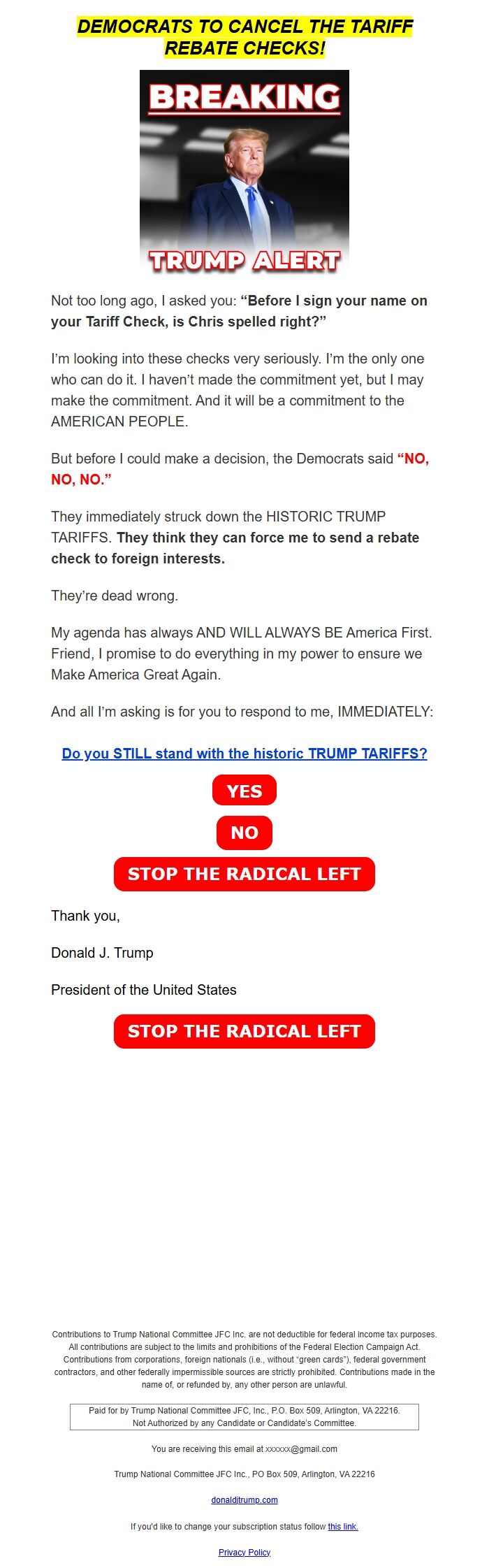 Screenshot of the email generated on import