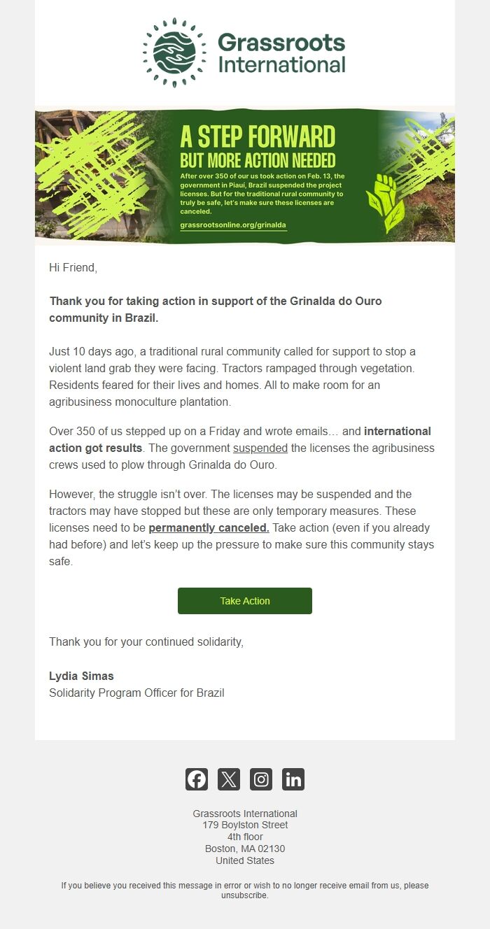 Screenshot of the email generated on import