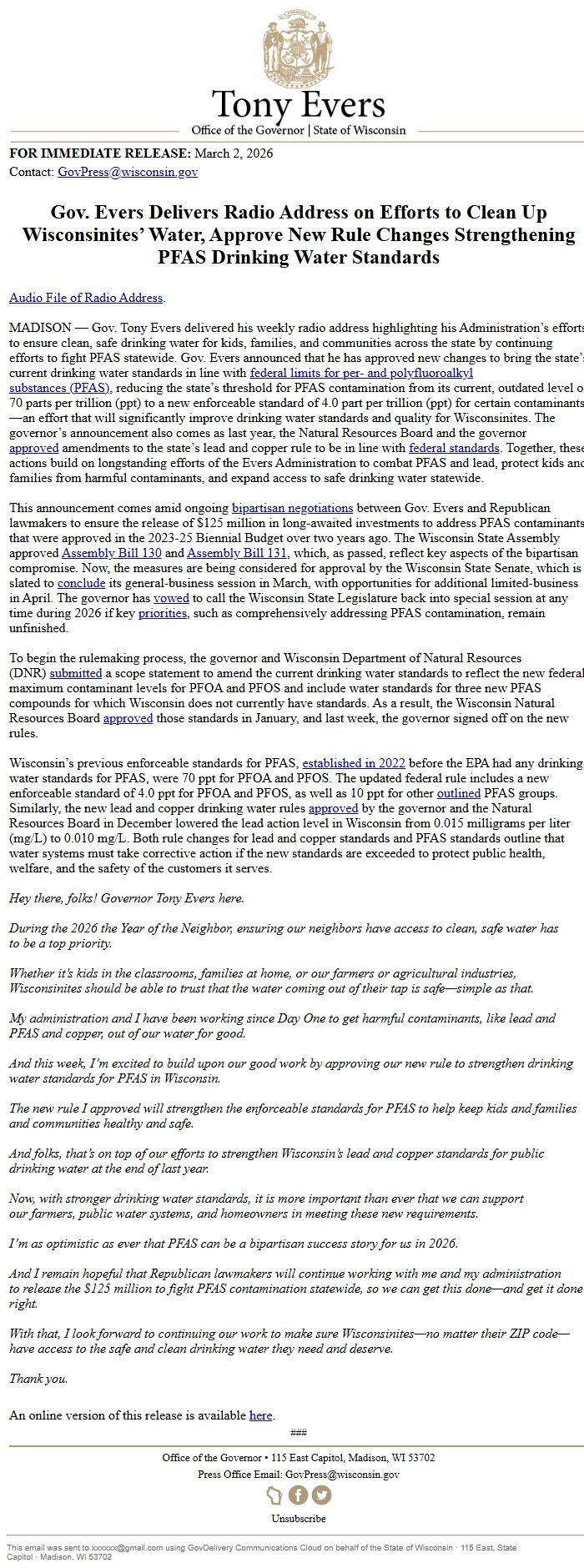 Screenshot of the email generated on import