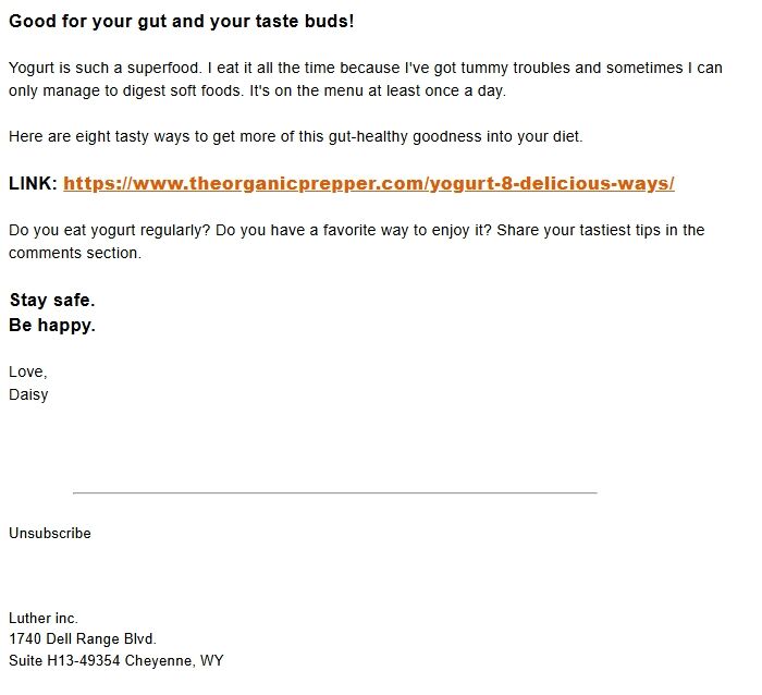 Screenshot of the email generated on import