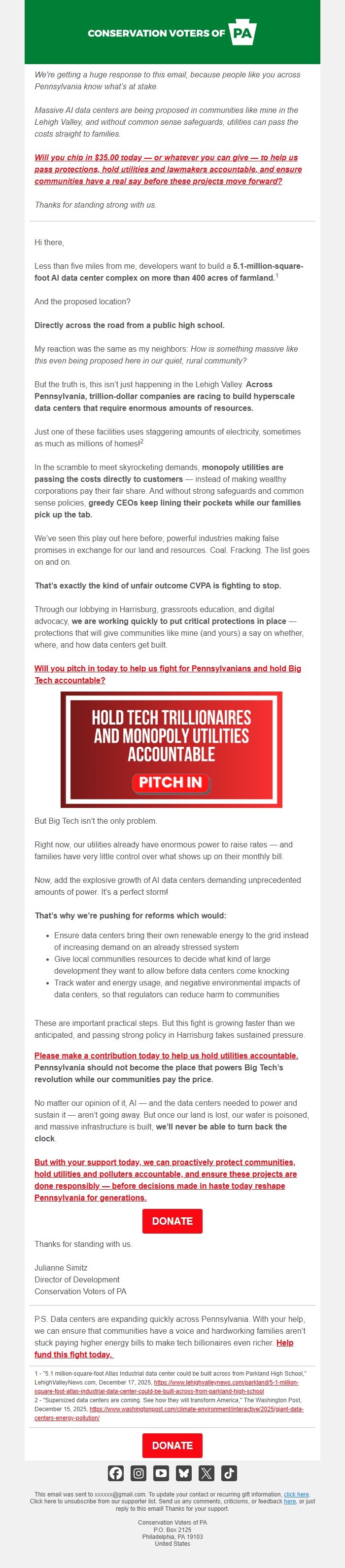 Screenshot of the email generated on import