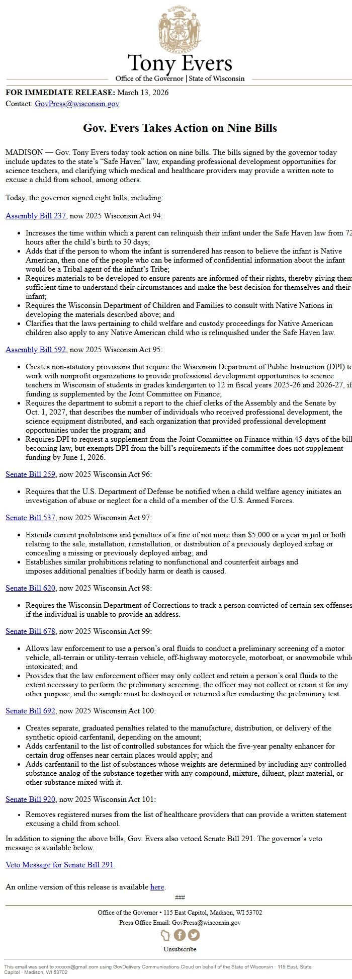 Screenshot of the email generated on import